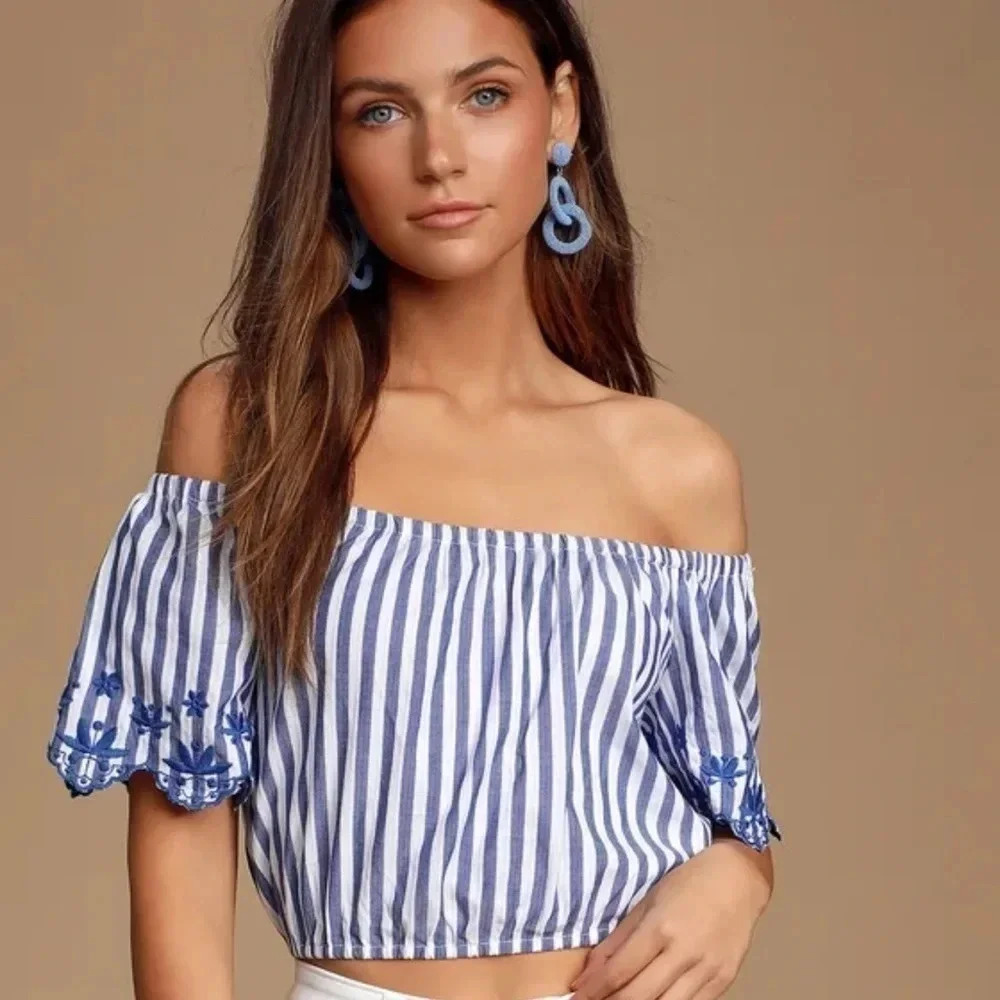 Lulus Braxtyn Blue Striped Off-the-Shoulder Crop Top. Size small. 100% cotton
